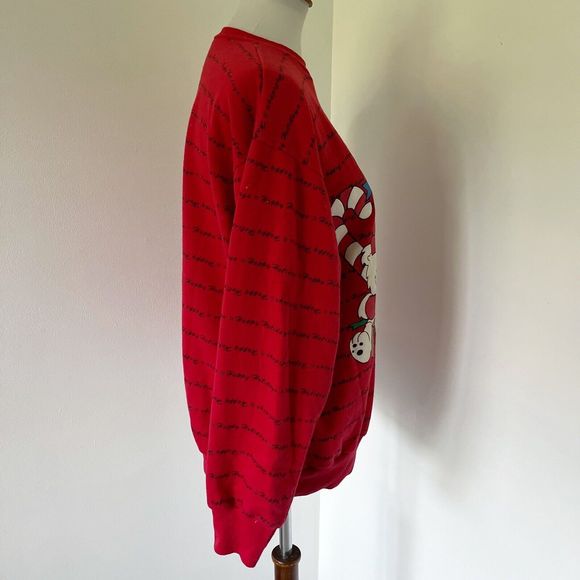 Vintage 90s Holiday Time Red Ugly Puff Paint Pullover Popover Sweatshirt Sweater - Picture 9 of 16